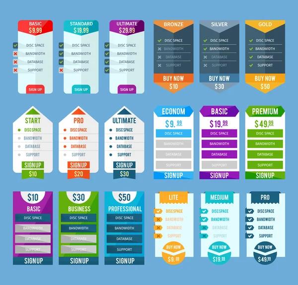 Prijzen tabel sjablonen Set — Stockvector