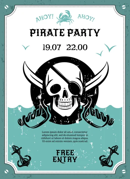 Pirate party announcement poster with skull — Stock Vector