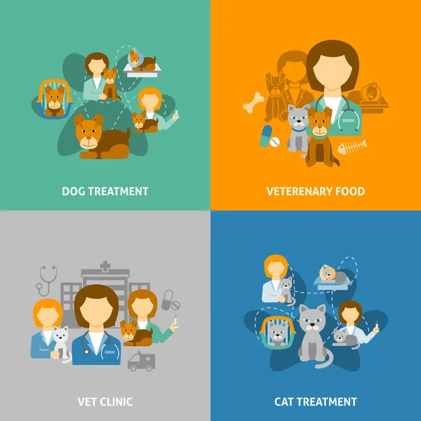 Clínica veterinária 4 ícones quadrados planos —  Vetores de Stock