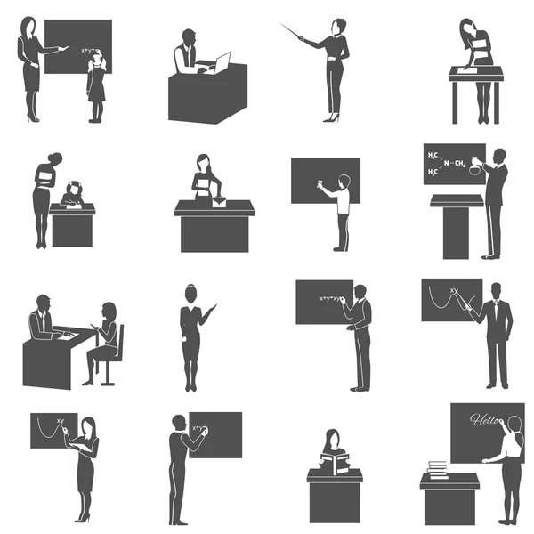 Teacher At Blackboard In Class Icons  Set — Stock Vector