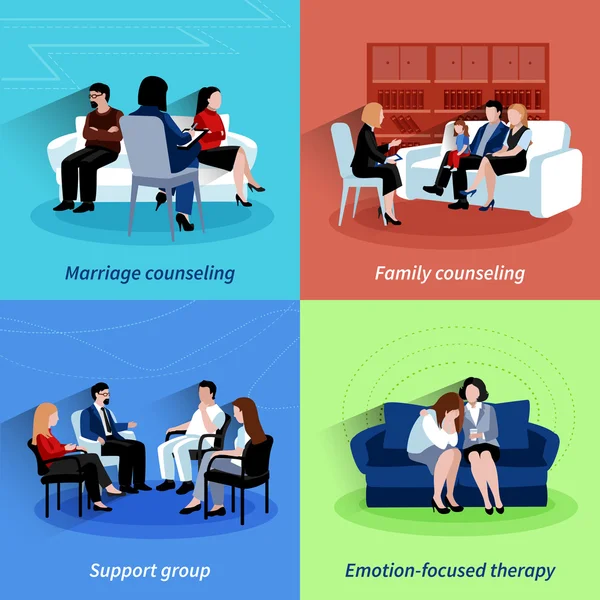 Relatie counseling 4 plat pictogrammen quare — Stockvector