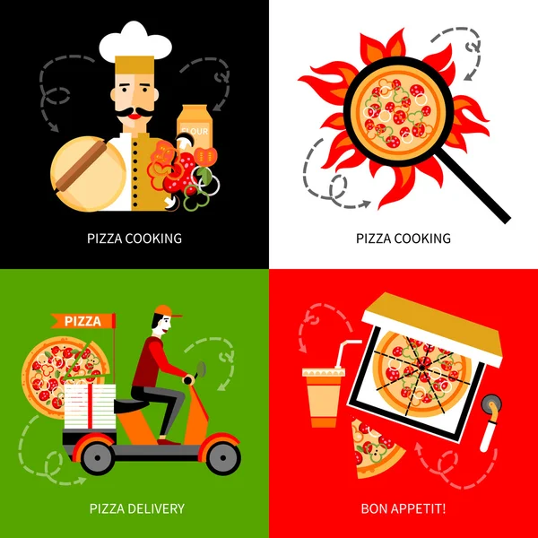 Pizza delivery 4 flat icons square — Stock Vector