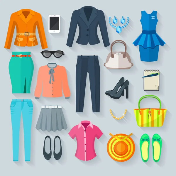 Conjunto de iconos planos de ropa mujer de color — Vector de stock