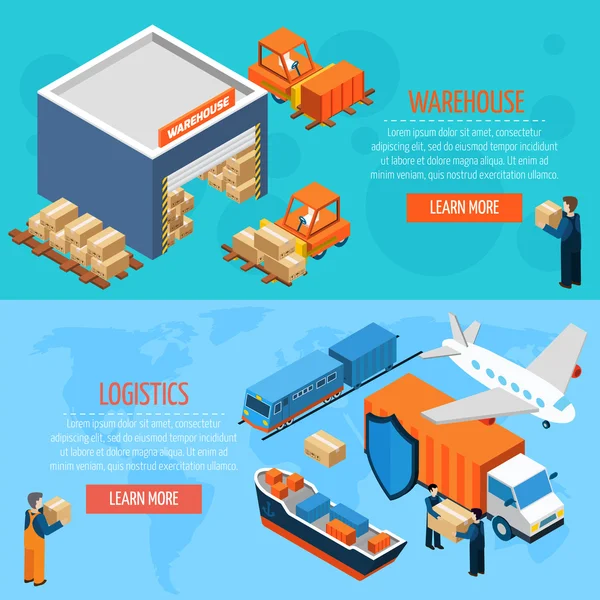 Bannières logistiques d'entrepôt isométrique — Image vectorielle