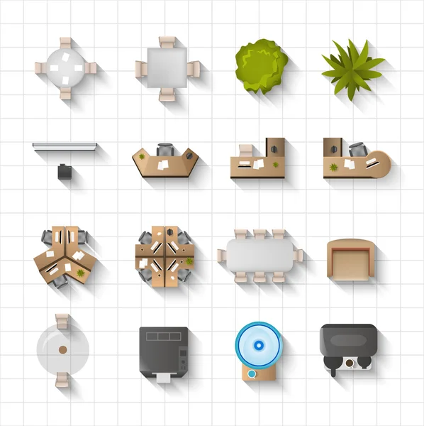 Office Interior Icons Top View — Stock Vector