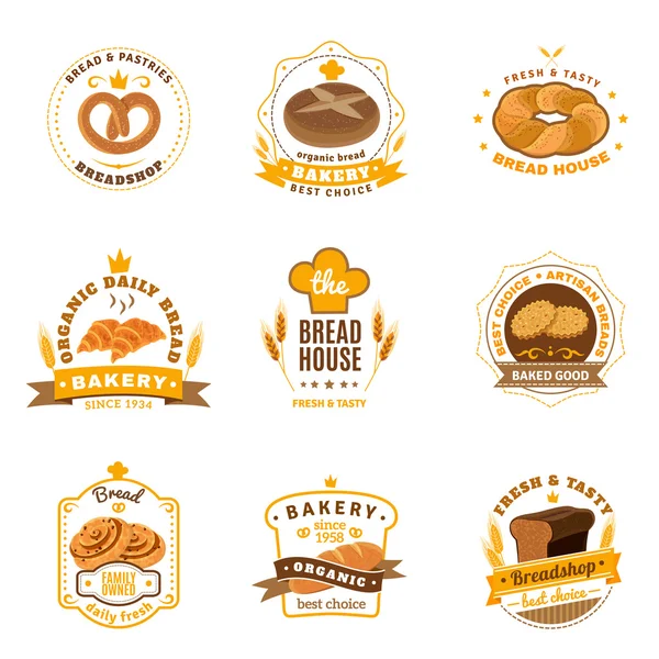 Padaria de pão Emblems conjunto de ícones planos — Vetor de Stock