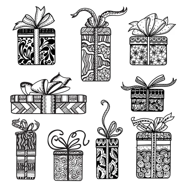 Decorative presents boxes set black doodle — Stock Vector