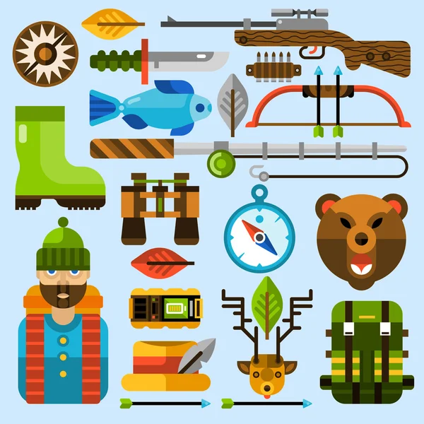 Conjunto de iconos de caza y pesca — Vector de stock