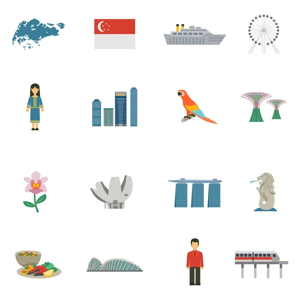 Singapore Culture Flat Icons Set - Stok Vektor