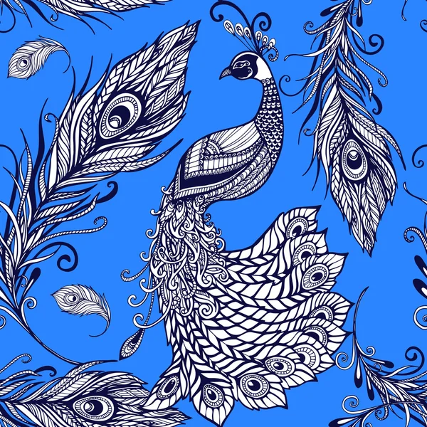 Peacock plumas de aves patrón de fondo sin costuras — Archivo Imágenes Vectoriales