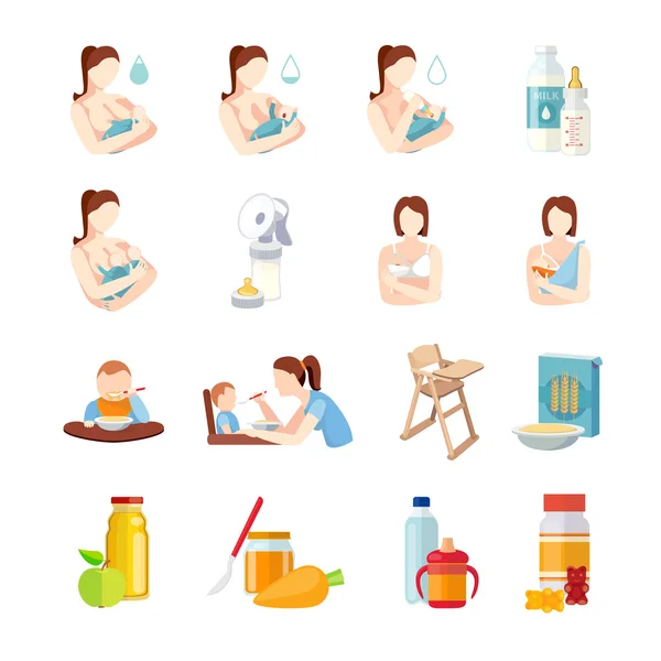 Conjunto de iconos planos de alimentación para bebés — Vector de stock