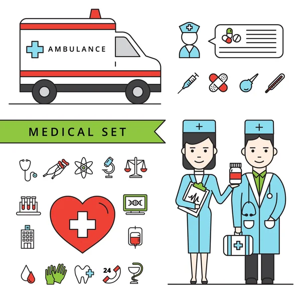 Concetto di medicina insieme con ambulanza e medici — Vettoriale Stock