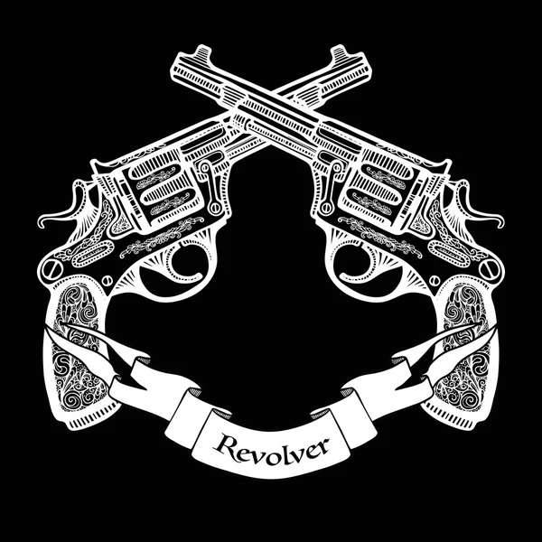 Hand Drawn Crossed Pistols With Ribbon — 스톡 벡터