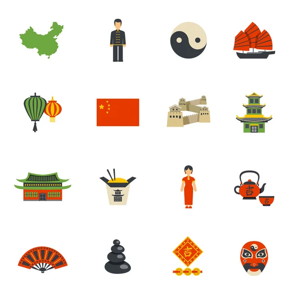 Simboli di cultura cinese Set di icone piatte — Vettoriale Stock