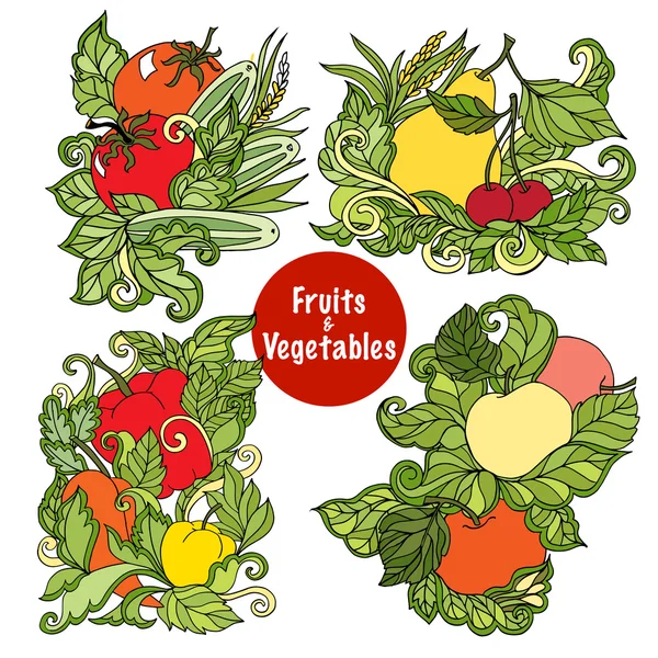 Conjunto de composiciones ornamentales de frutas y verduras — Vector de stock