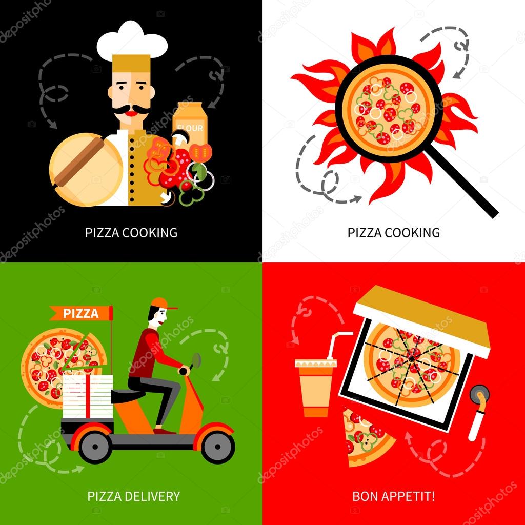 Pizza delivery 4 flat icons square