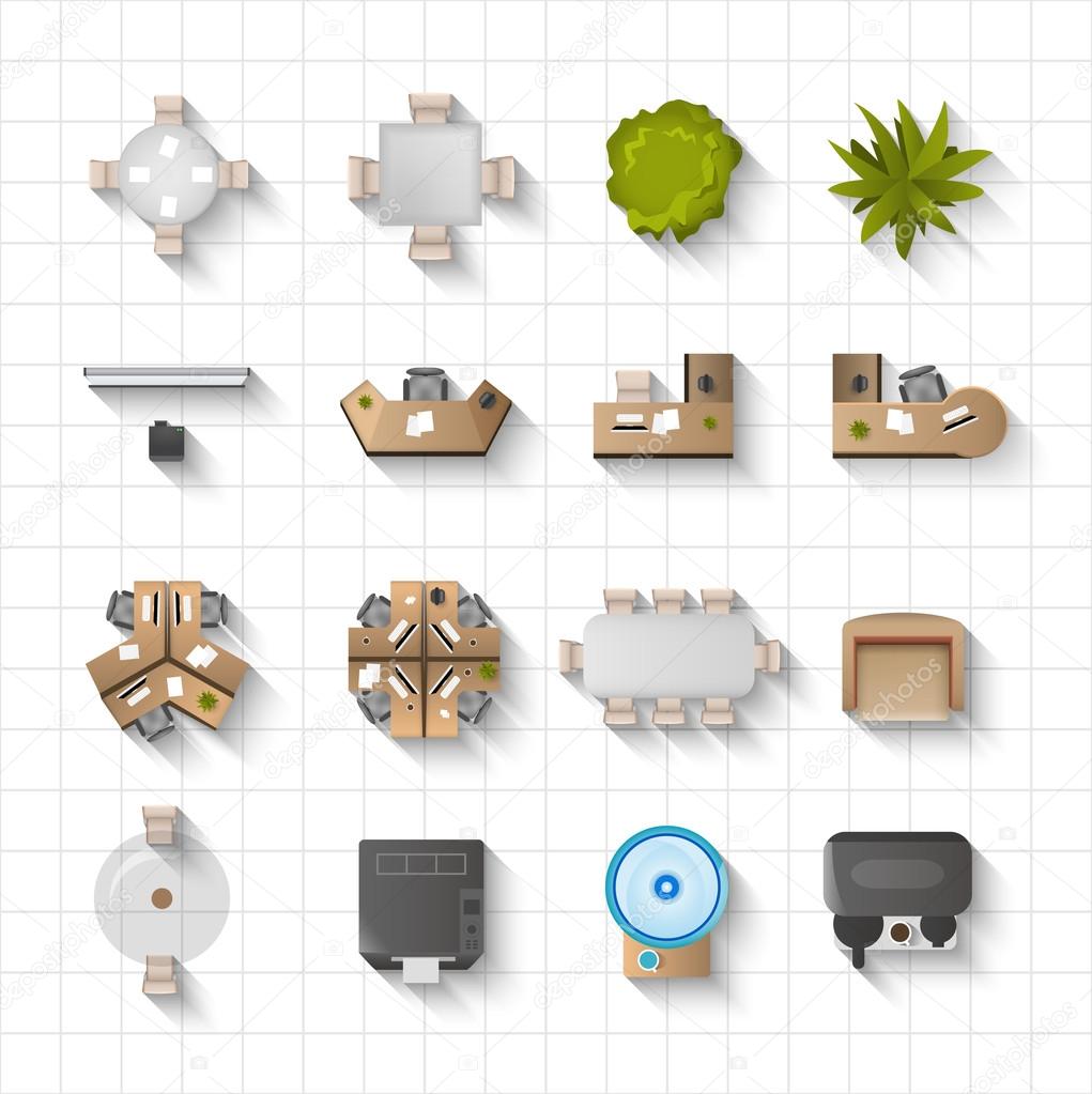 Office Interior Icons Top View Stock Vector Image By macrovector 93646170