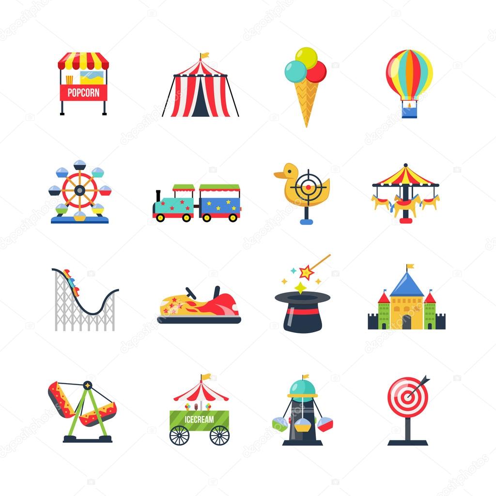 Flat Color Isolated Amusement Park Icons