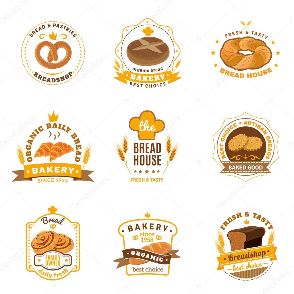 Bread Bakery Emblems Flat Icons Set