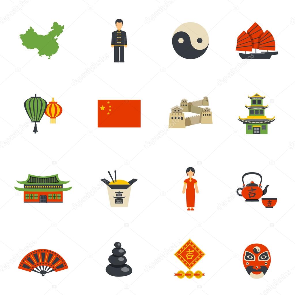 Chinese Culture Symbols Flat Icons Set