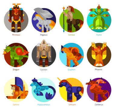 Mythical creatures icons set
