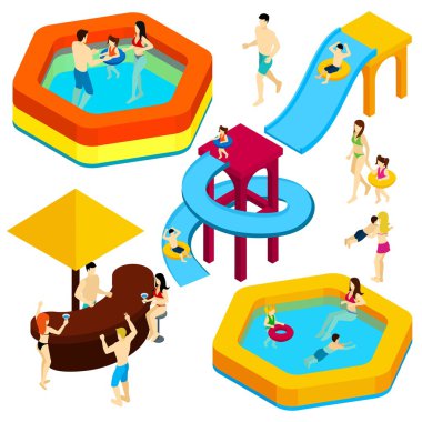Water Amusement Park Visitors Isometric Banner