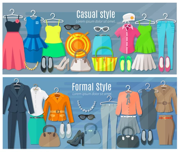 Horizontale Banners van formele en Casual vrouw kleding collectie — Stockvector