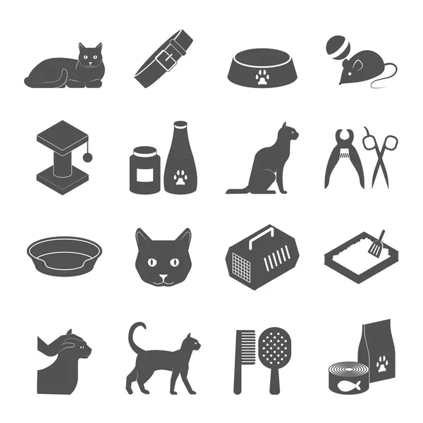 Healthy indoor cat black icons set — Stock Vector