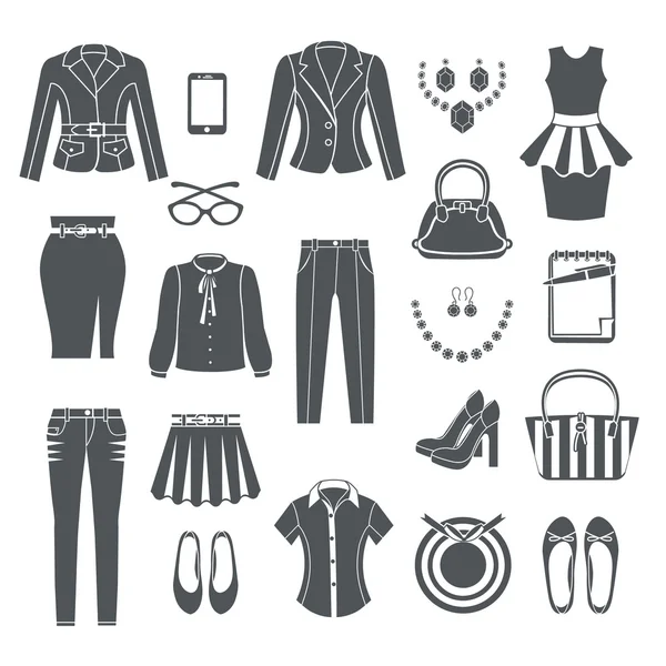 Modern Woman Clothes Black Icons — Stock Vector