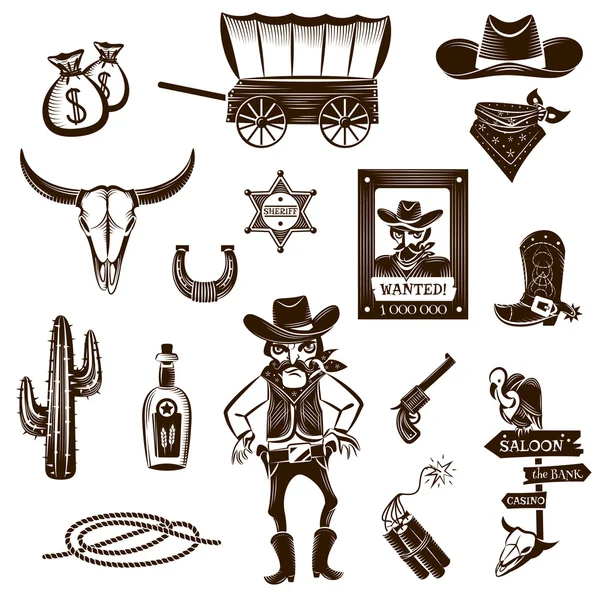 Conjunto de iconos blancos negros de vaquero — Archivo Imágenes Vectoriales