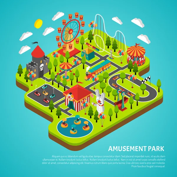 Parco divertimenti Attrazioni Fiera Banner isometrico — Vettoriale Stock