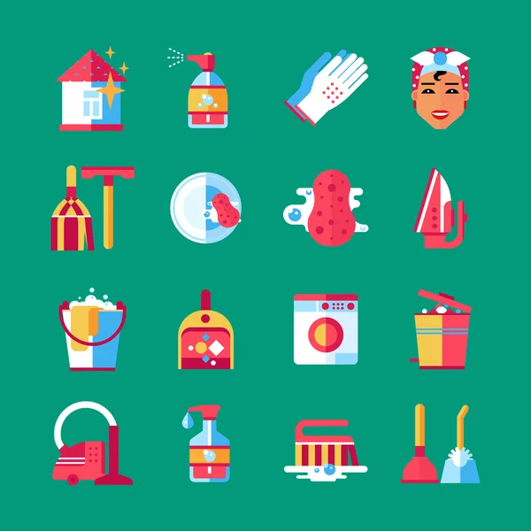 Housekeeping Cleaning Flat Icons Set — Stock Vector