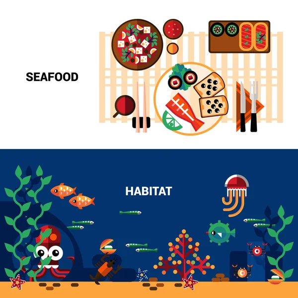 Horizontal  Seafood Banners Set — Vetor de Stock