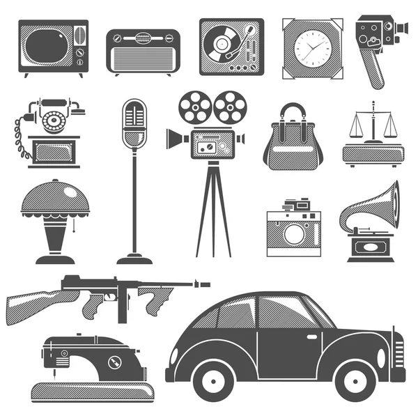 Retro Black White Objects Set — Stock Vector