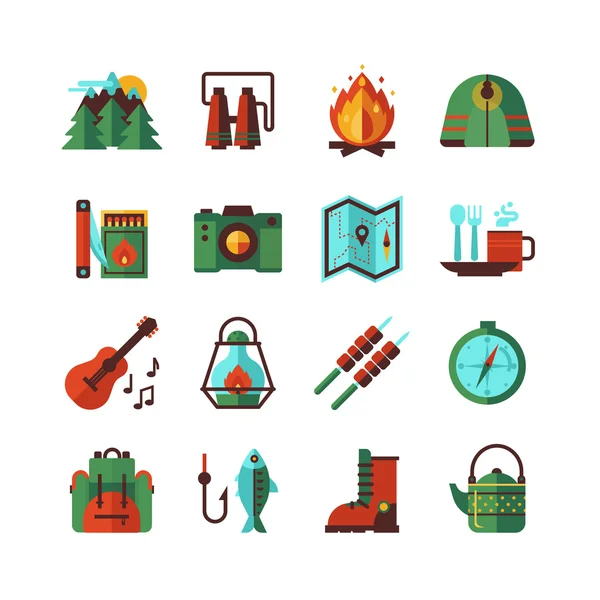 Camping Caminhadas Conjunto de ícones planos — Vetor de Stock