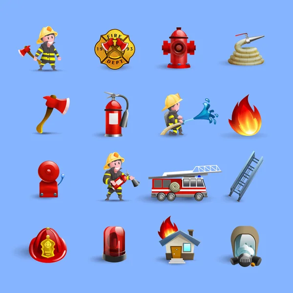 Bomberos Iconos de dibujos animados Red Blue Set — Vector de stock