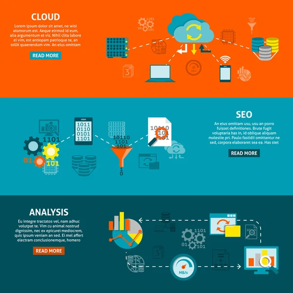 Análisis de bases de datos Set de banners horizontales planos — Vector de stock