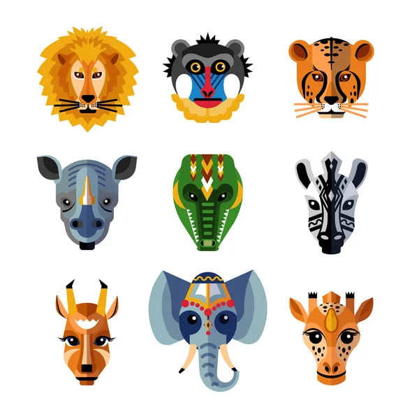 African Animals Heads Masks Flat Icons — Stock Vector