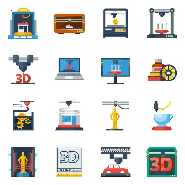 Colección de iconos planos de impresión 3D — Vector de stock