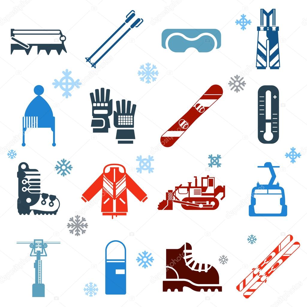 Flat Monochrome Skiing Icons With Snowflakes