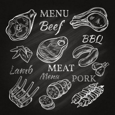 Retro Meat Menu Icons On Chalkboard