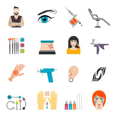 Icons set with bodyart tattoo piercing and special equipment