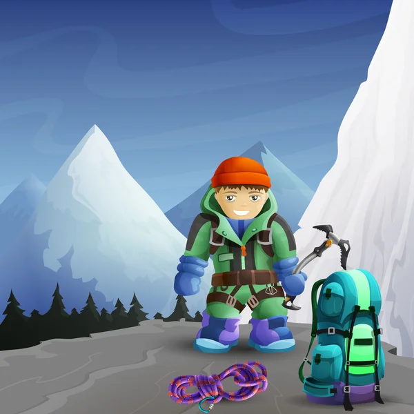 Гірський альпініст мультфільм персонаж фоновий плакат — стоковий вектор