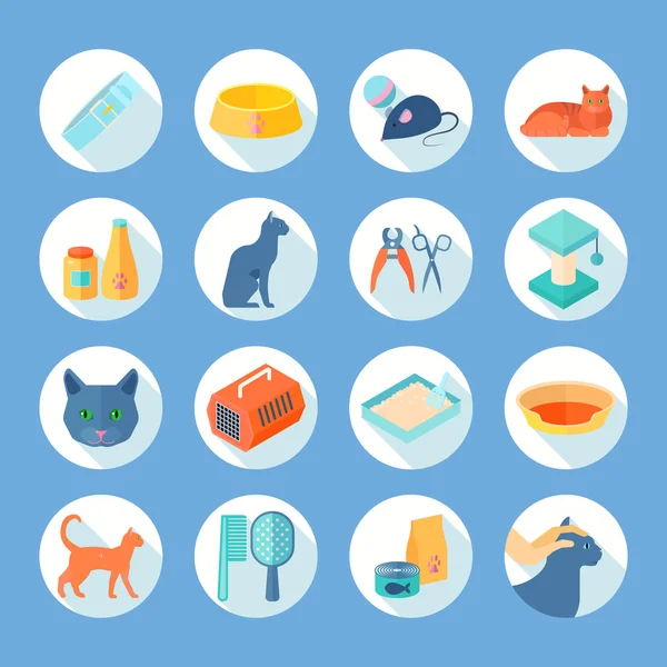 Kat zorg platte ronde iconen set — Stockvector