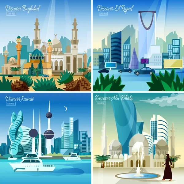 Arabic Cityscape 4 Flat Icons Square — 图库矢量图片