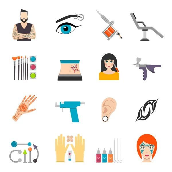 Icons set with bodyart tattoo piercing and special equipment — Stock Vector