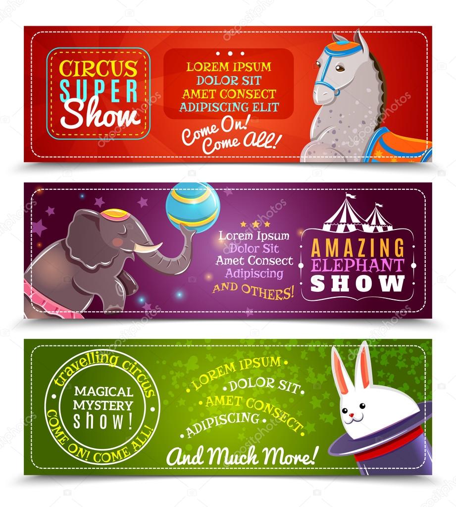 Travelling circus flat horizontal banners set