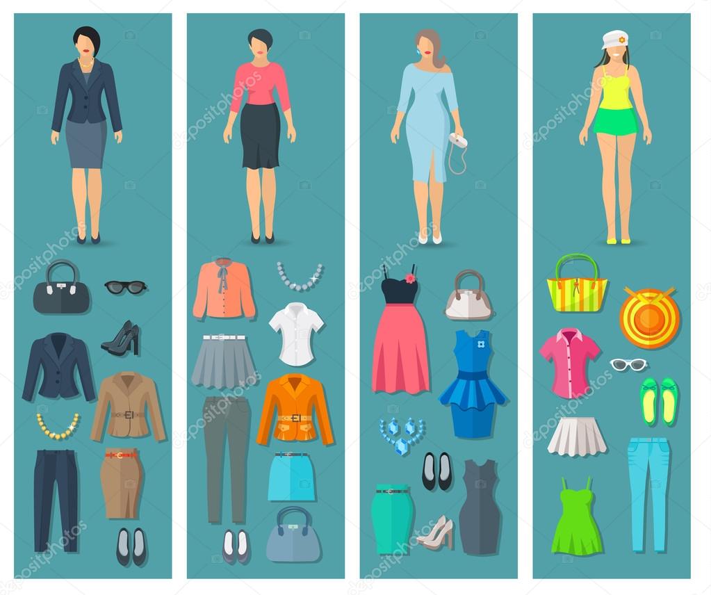 Vertical Banners Set Of Woman Clothes  Flat Icons