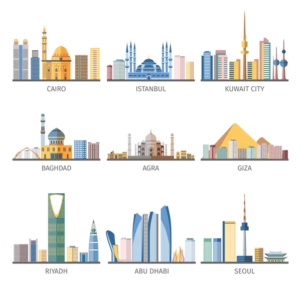 Oriental Cityscapes Marcos Coleção ícones planos —  Vetores de Stock