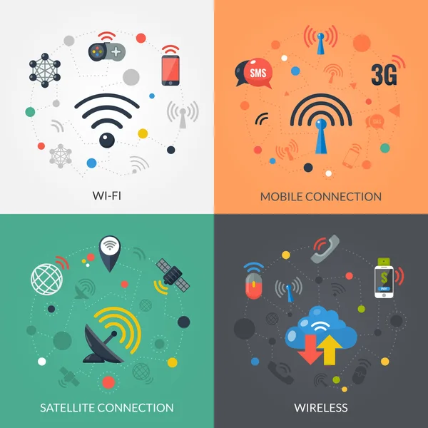 Tecnologia wireless 4 Icone piatte Quadrate — Vettoriale Stock